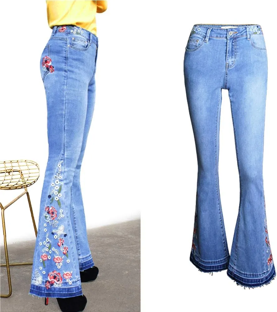 Women's Wide-Leg Denim Pants with a Stylish Floral Embroidered Bell Bottom Flare Jeans