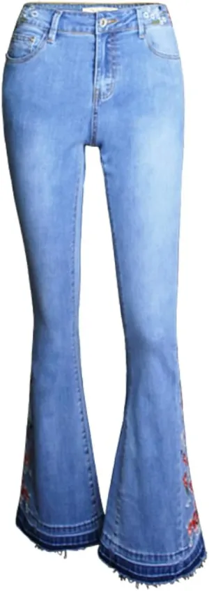 Women's Wide-Leg Denim Pants with a Stylish Floral Embroidered Bell Bottom Flare Jeans