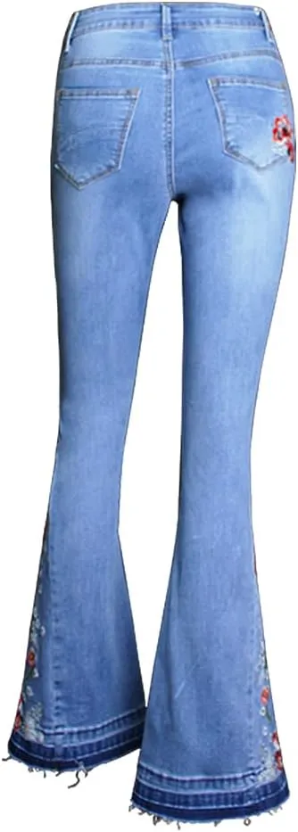 Women's Wide-Leg Denim Pants with a Stylish Floral Embroidered Bell Bottom Flare Jeans