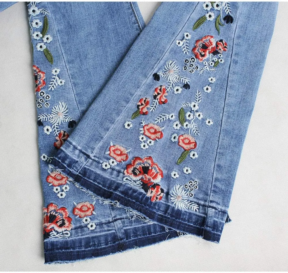 Women's Wide-Leg Denim Pants with a Stylish Floral Embroidered Bell Bottom Flare Jeans