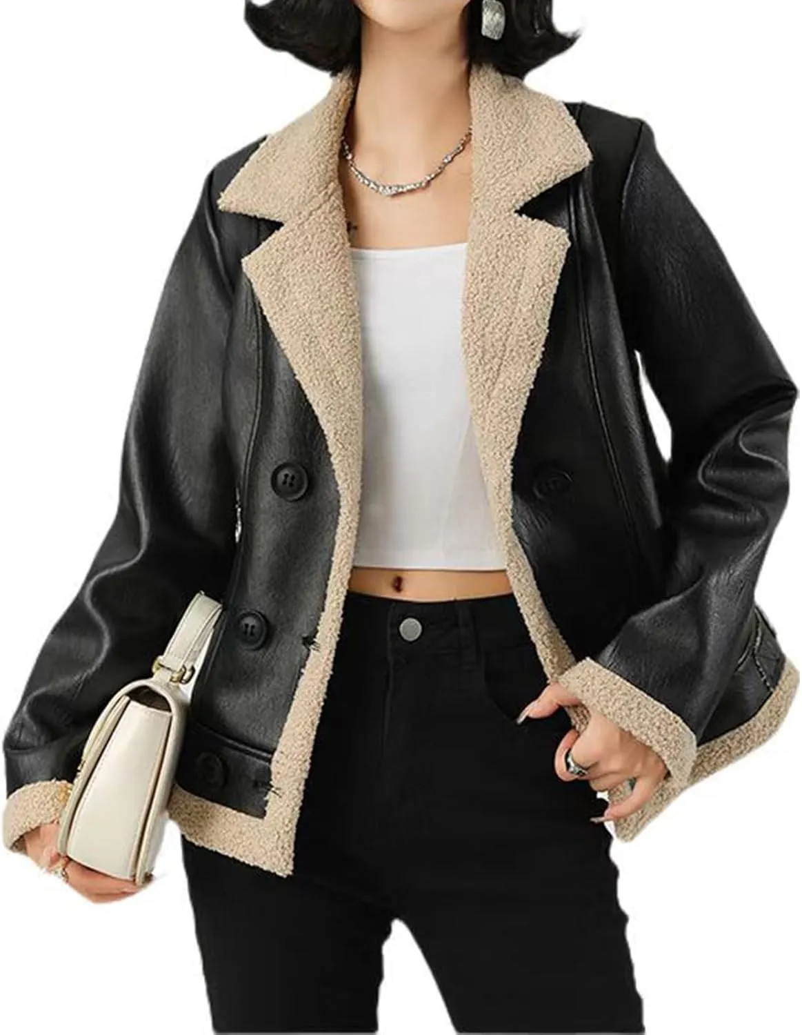 Women's Winter Faux Lamb Fur Leather Short Jacket, Lapel Bomber Aviator Coat, Casual Trendy Outerwear