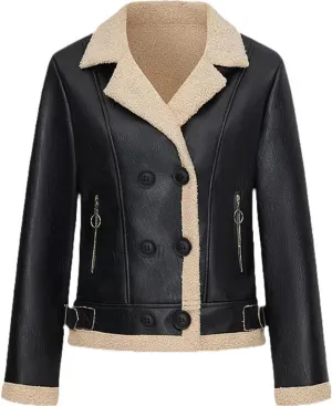 Women's Winter Faux Lamb Fur Leather Short Jacket, Lapel Bomber Aviator Coat, Casual Trendy Outerwear