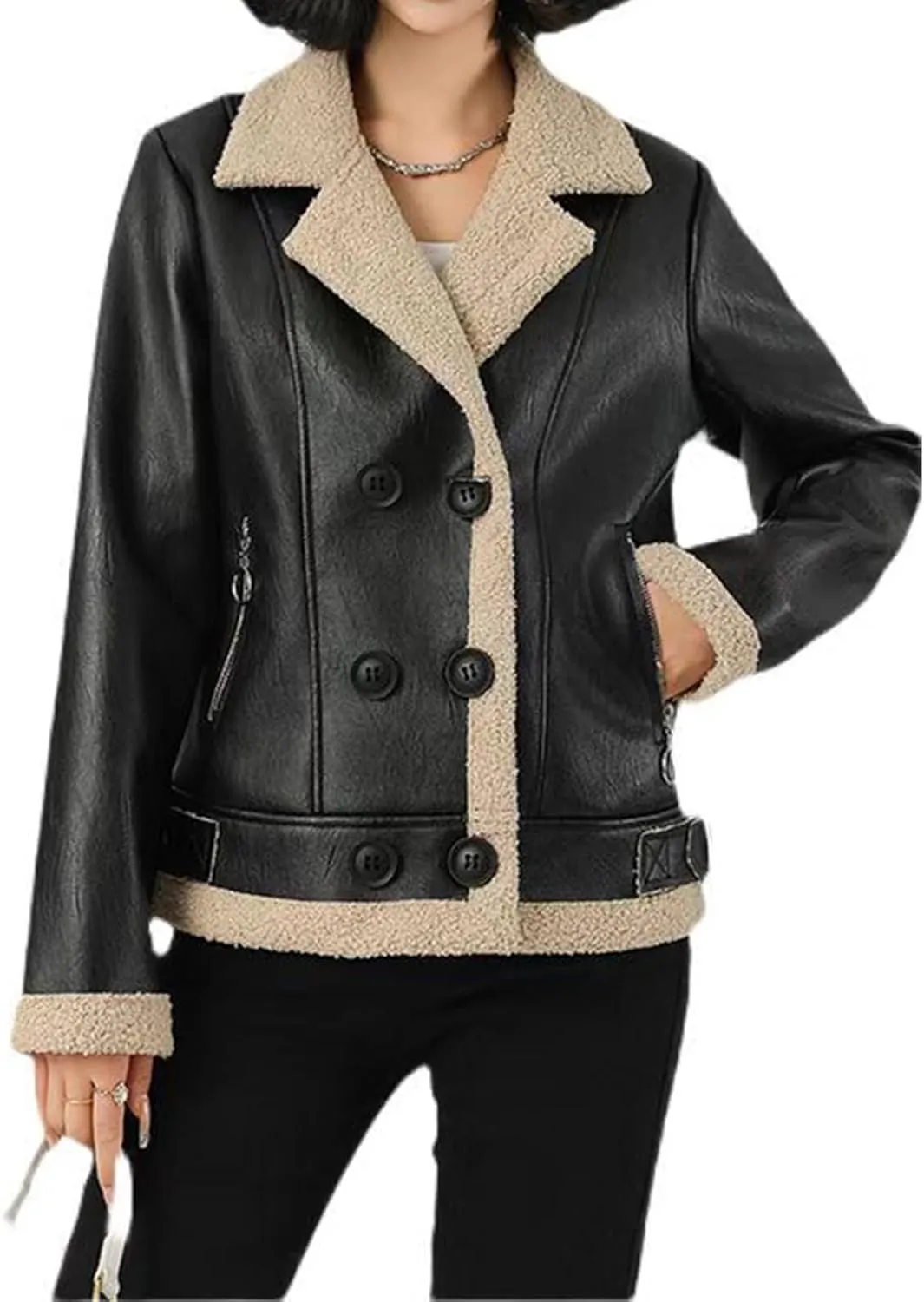 Women's Winter Faux Lamb Fur Leather Short Jacket, Lapel Bomber Aviator Coat, Casual Trendy Outerwear
