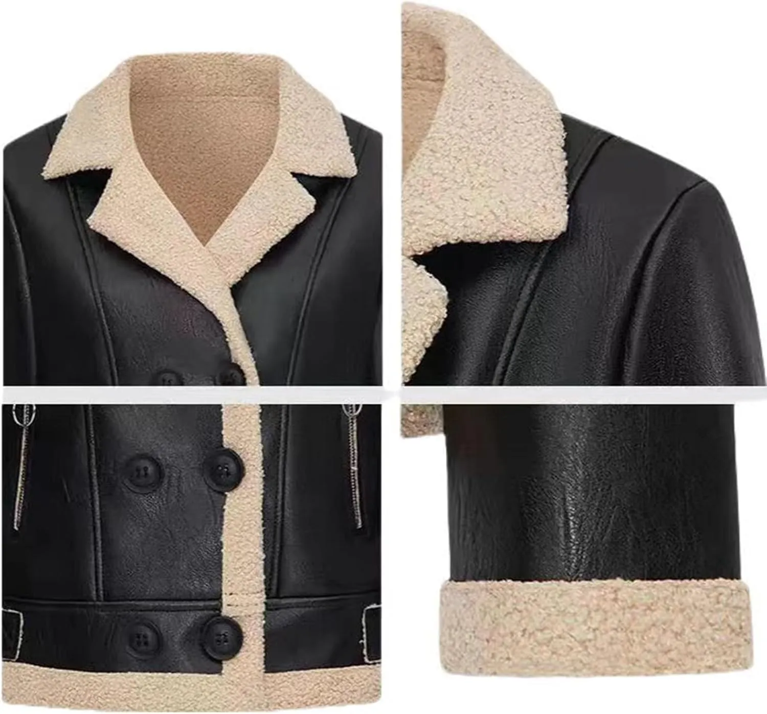 Women's Winter Faux Lamb Fur Leather Short Jacket, Lapel Bomber Aviator Coat, Casual Trendy Outerwear