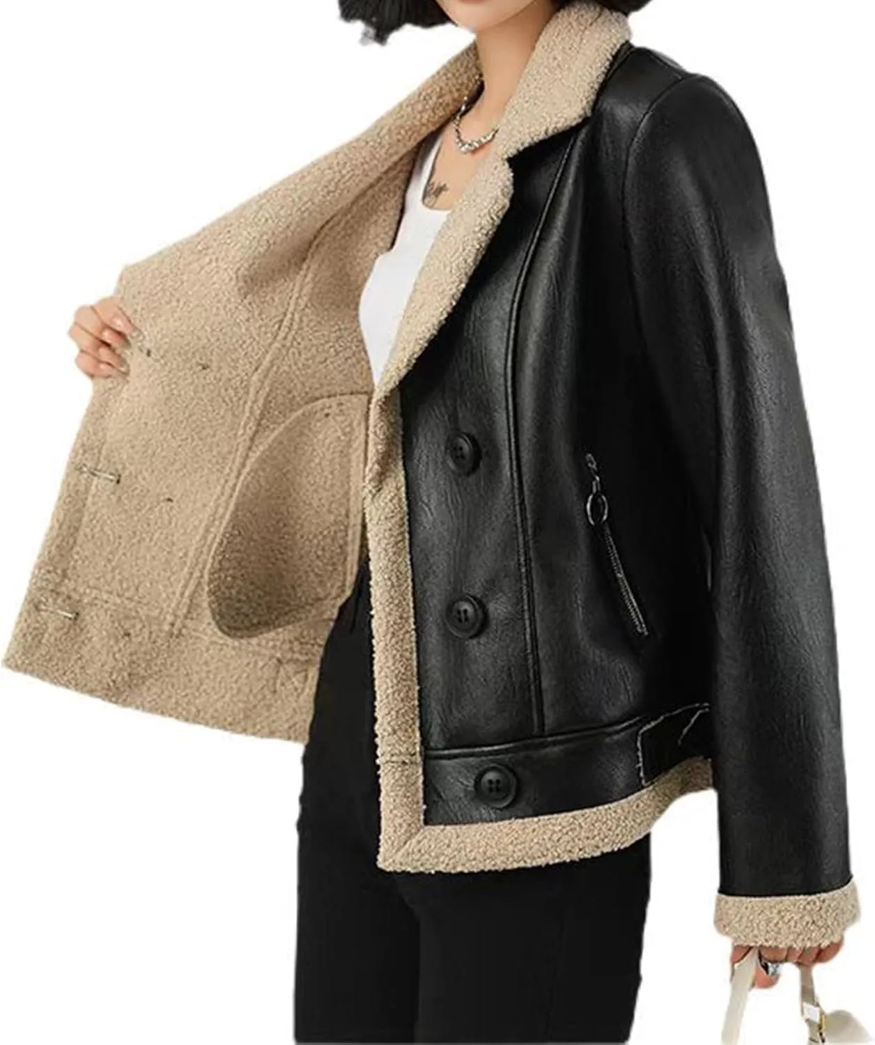 Women's Winter Faux Lamb Fur Leather Short Jacket, Lapel Bomber Aviator Coat, Casual Trendy Outerwear