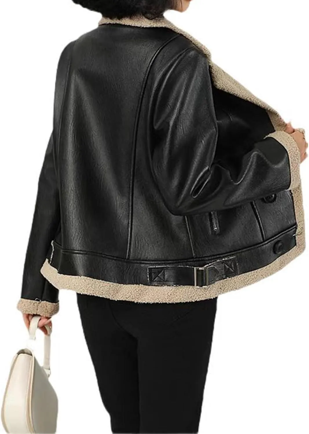 Women's Winter Faux Lamb Fur Leather Short Jacket, Lapel Bomber Aviator Coat, Casual Trendy Outerwear