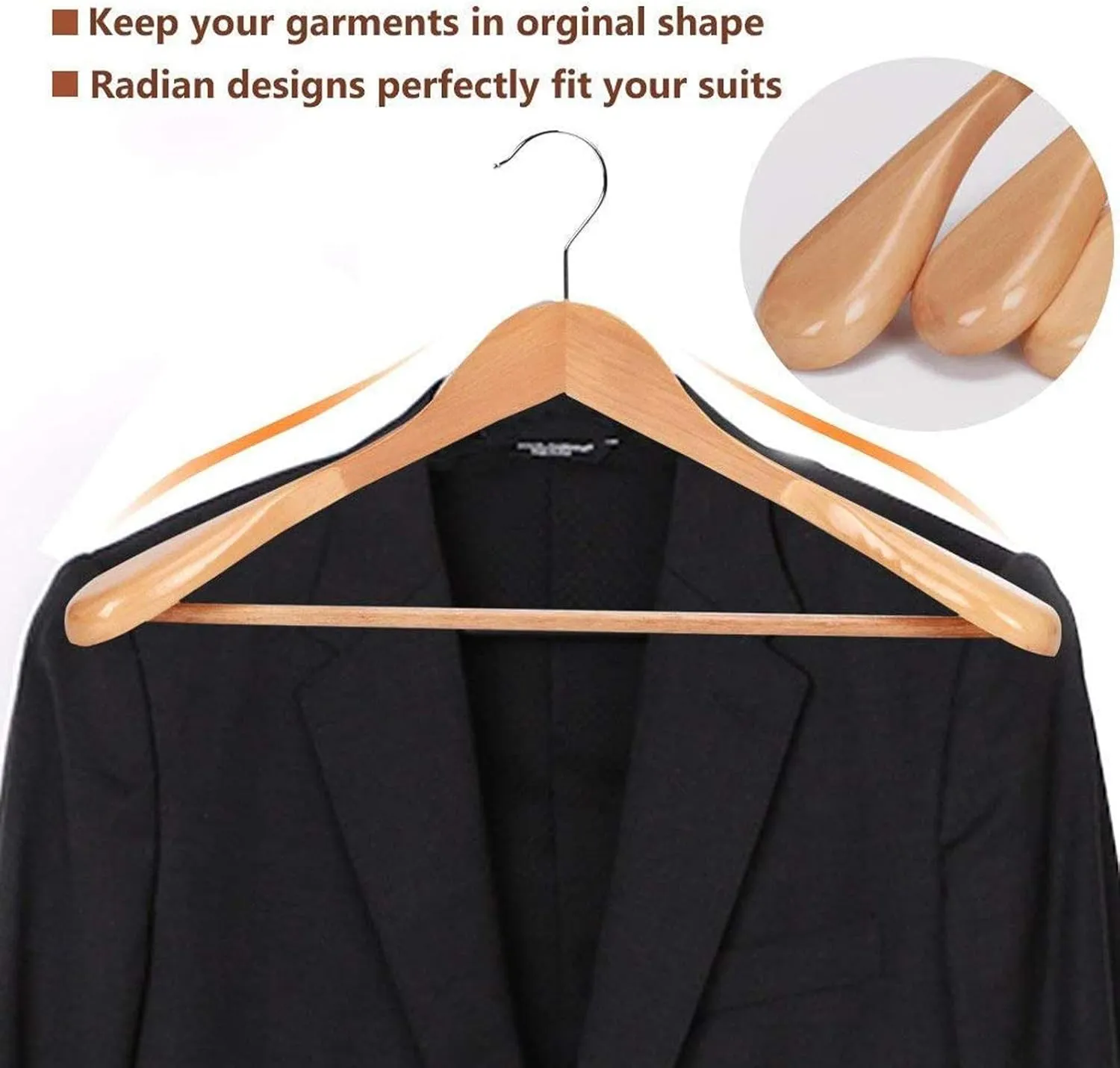 Wooden Suit Hangers, 6 Pack Extra-Wide Shoulder Wood Coat Hangers with Non Slip Pant Bar, Extra Smooth and Splinter Free Natural Finish