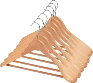 Wooden Suit Hangers, 6 Pack Extra-Wide Shoulder Wood Coat Hangers with Non Slip Pant Bar, Extra Smooth and Splinter Free Natural Finish