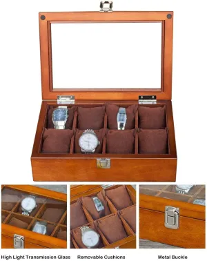 Wooden Watch Box Jewelry Watch Storage Display Cabinet with 8 Removable Storage Pillows, Metal Buckle Top Glass Watch Box