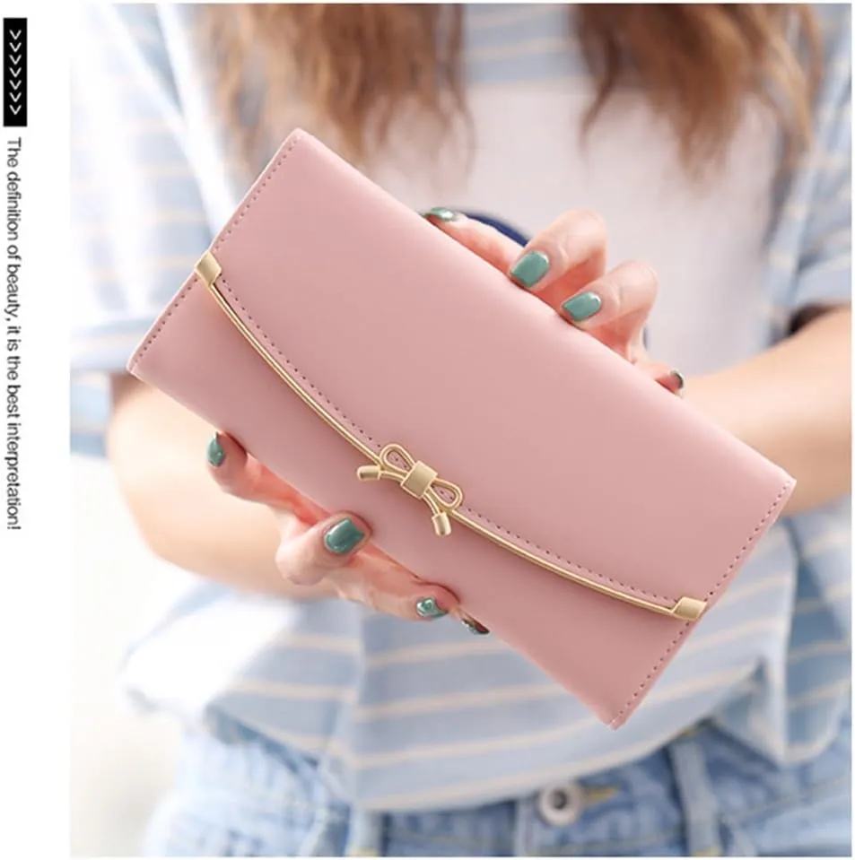 WOOLALA Women Cute Bowknot Wallet Trifold Large Capacity Long Purse