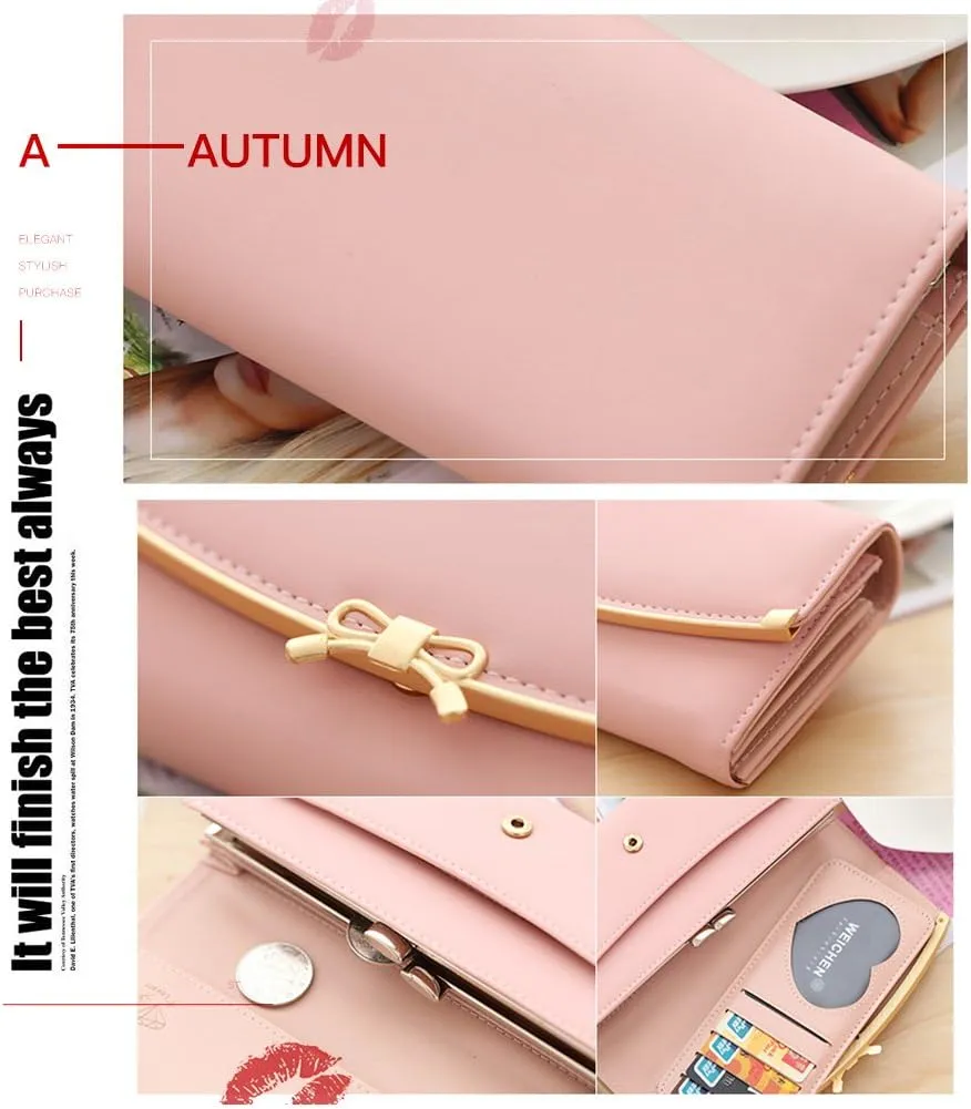 WOOLALA Women Cute Bowknot Wallet Trifold Large Capacity Long Purse