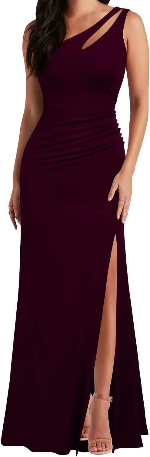 WOOSEA Women's One Shoulder Sleeveless Split Bodycon Mermaid Evening Cocktail Long Dress