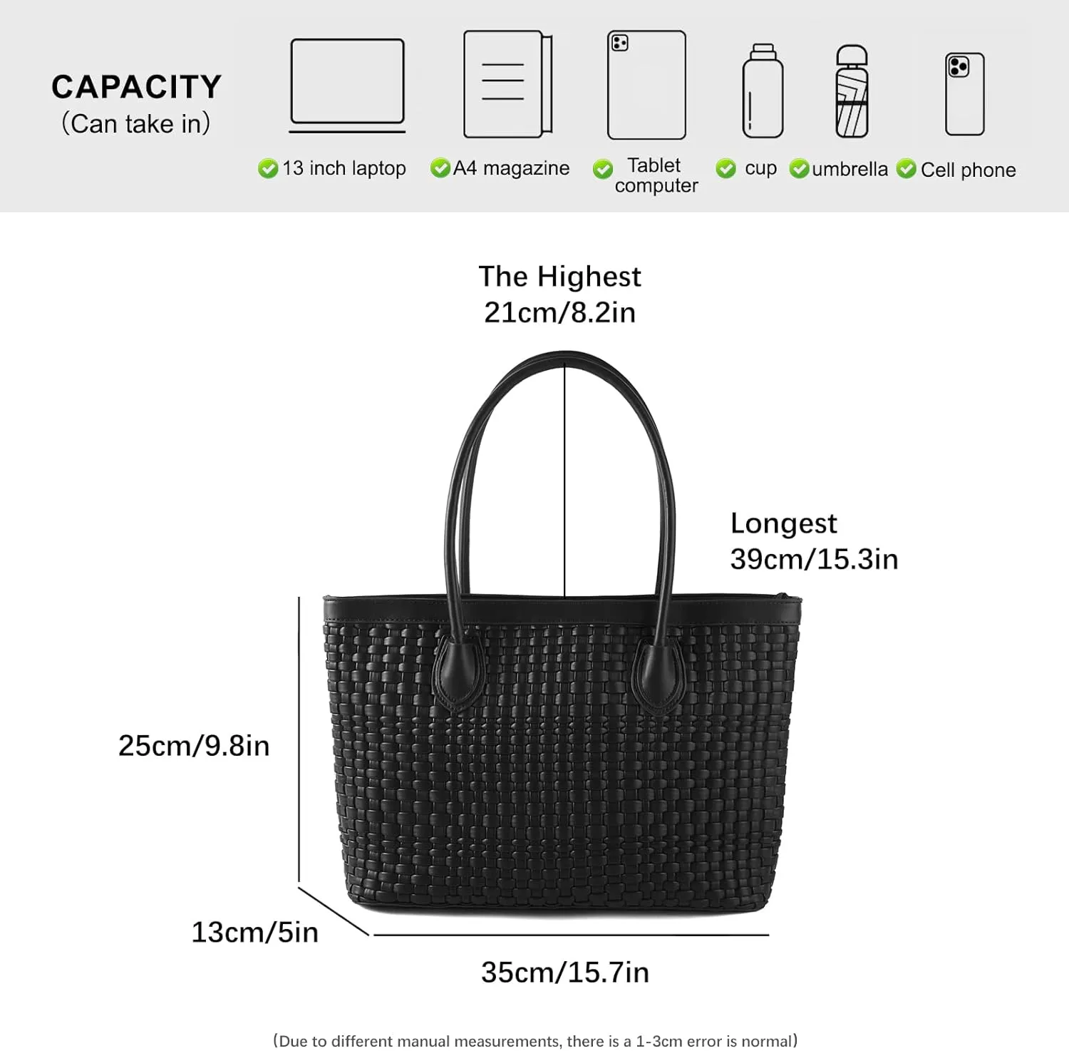 Woven Tote Bag For Women Hand Make Vegan Leather Shoulder Bag Handbag Zip Closure Beach Tote Travel Hand Bag