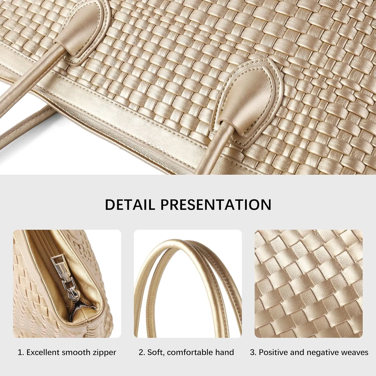 Woven Tote Bag For Women Hand Make Vegan Leather Shoulder Bag Handbag Zip Closure Beach Tote Travel Hand Bag