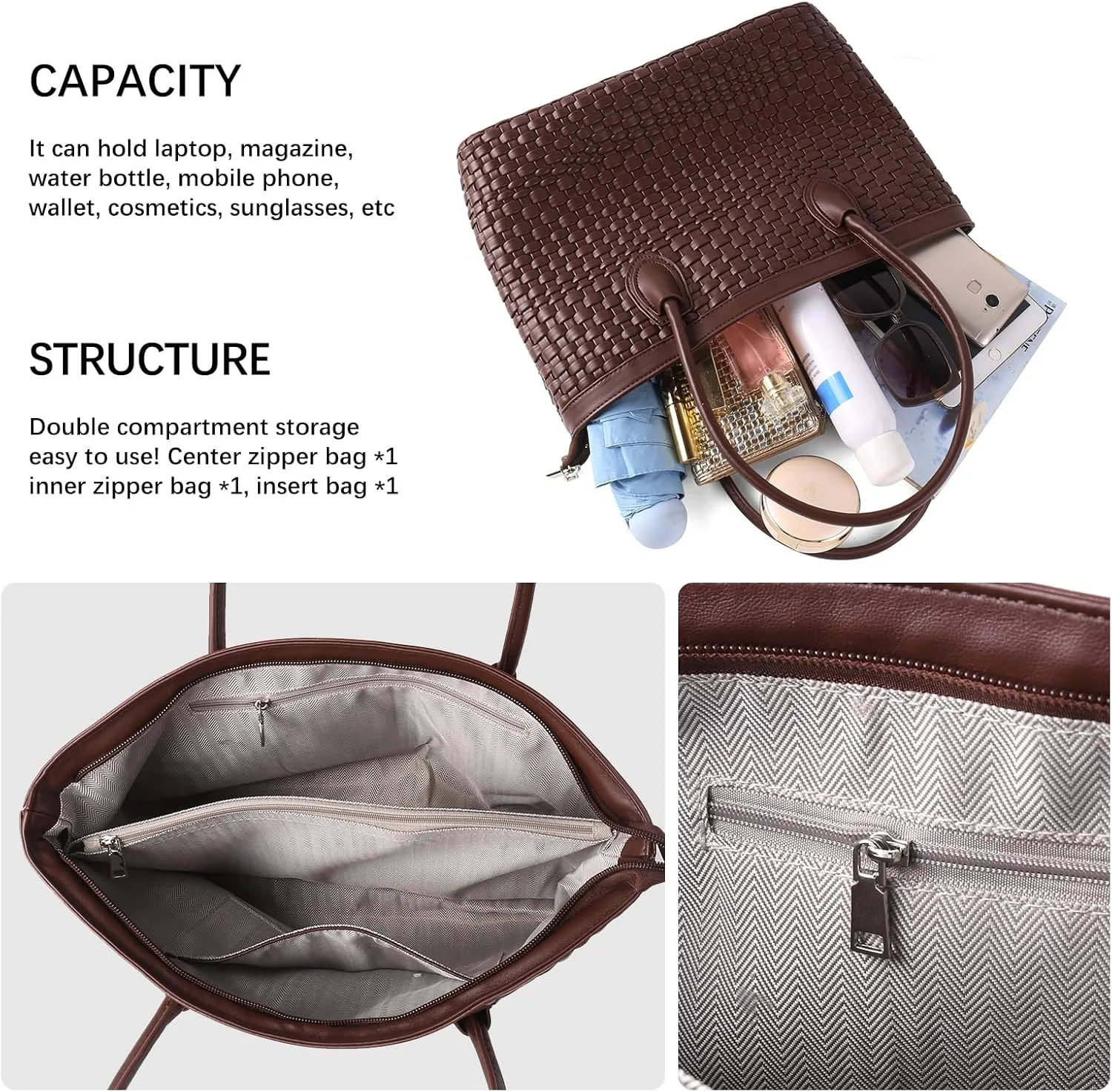 Woven Tote Bag For Women Hand Make Vegan Leather Shoulder Bag Handbag Zip Closure Beach Tote Travel Hand Bag