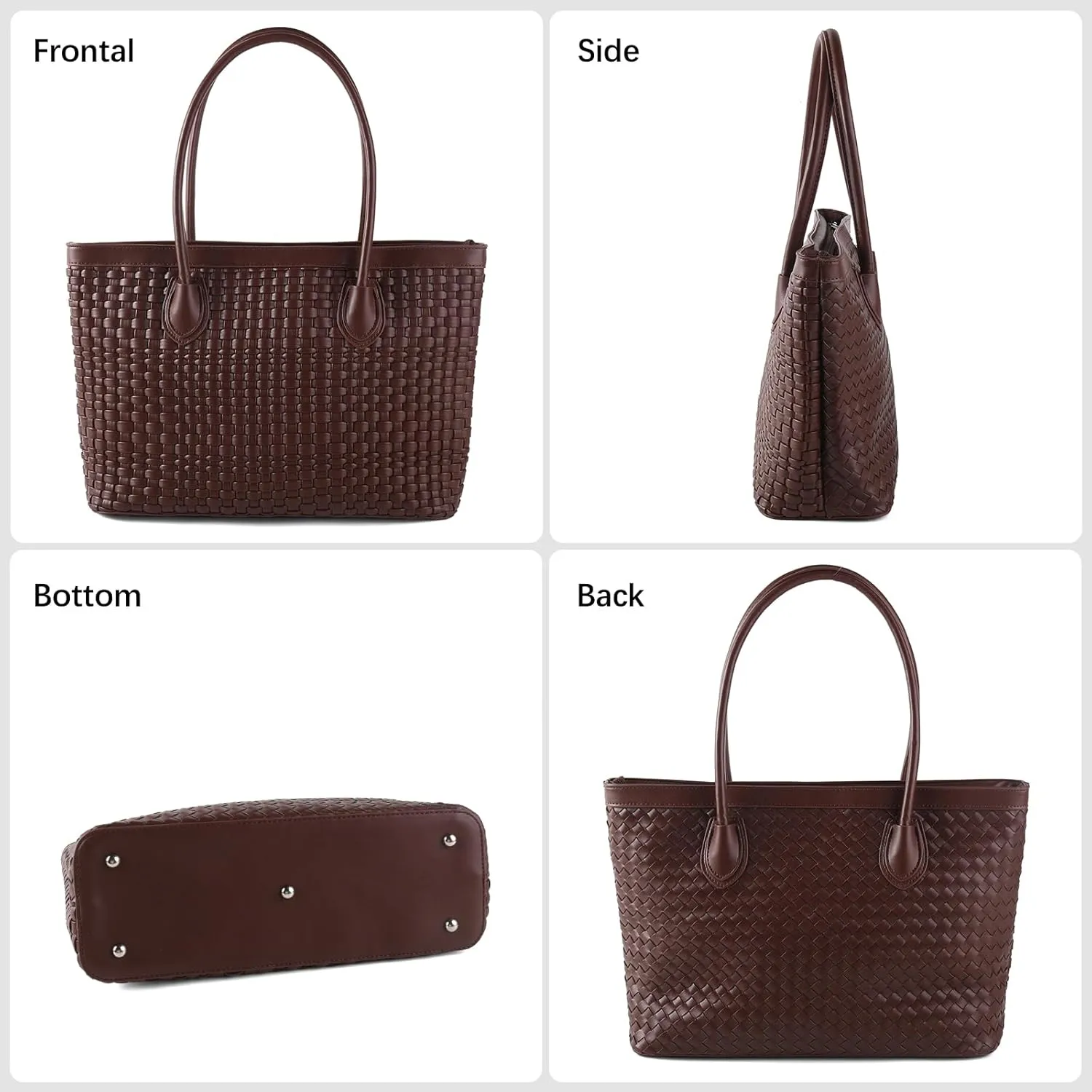 Woven Tote Bag For Women Hand Make Vegan Leather Shoulder Bag Handbag Zip Closure Beach Tote Travel Hand Bag