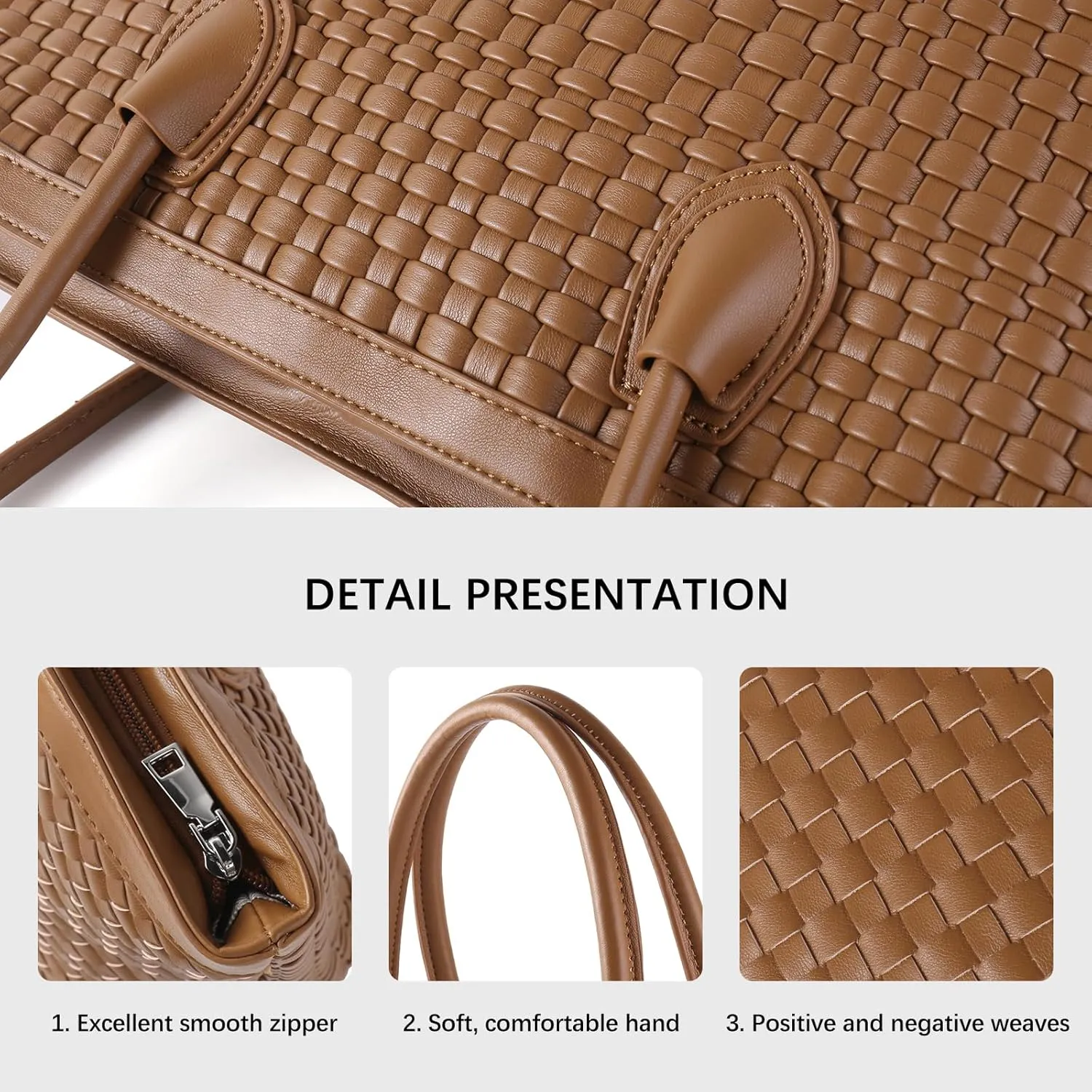 Woven Tote Bag For Women Hand Make Vegan Leather Shoulder Bag Handbag Zip Closure Beach Tote Travel Hand Bag