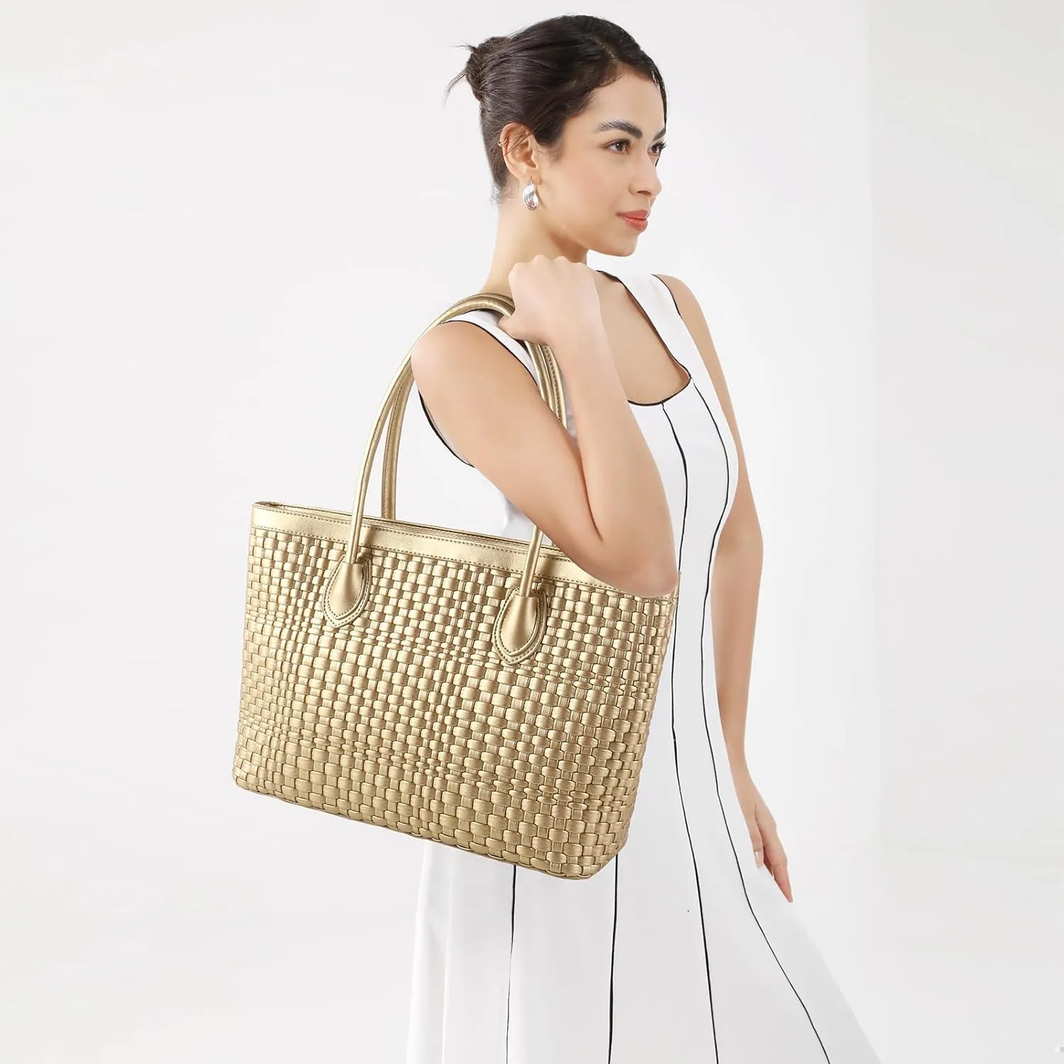 Woven Tote Bag For Women Hand Make Vegan Leather Shoulder Bag Handbag Zip Closure Beach Tote Travel Hand Bag