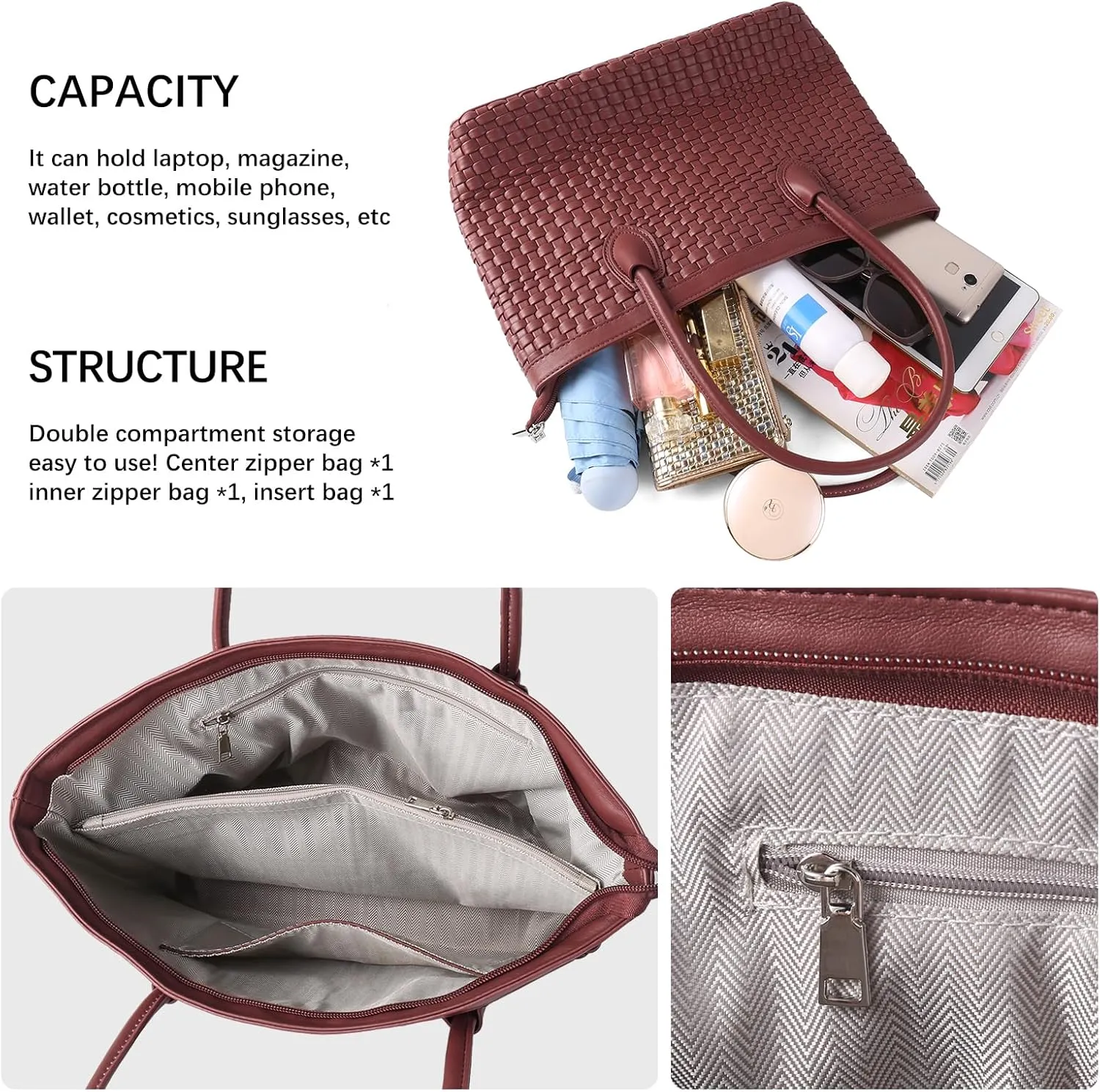 Woven Tote Bag For Women Hand Make Vegan Leather Shoulder Bag Handbag Zip Closure Beach Tote Travel Hand Bag