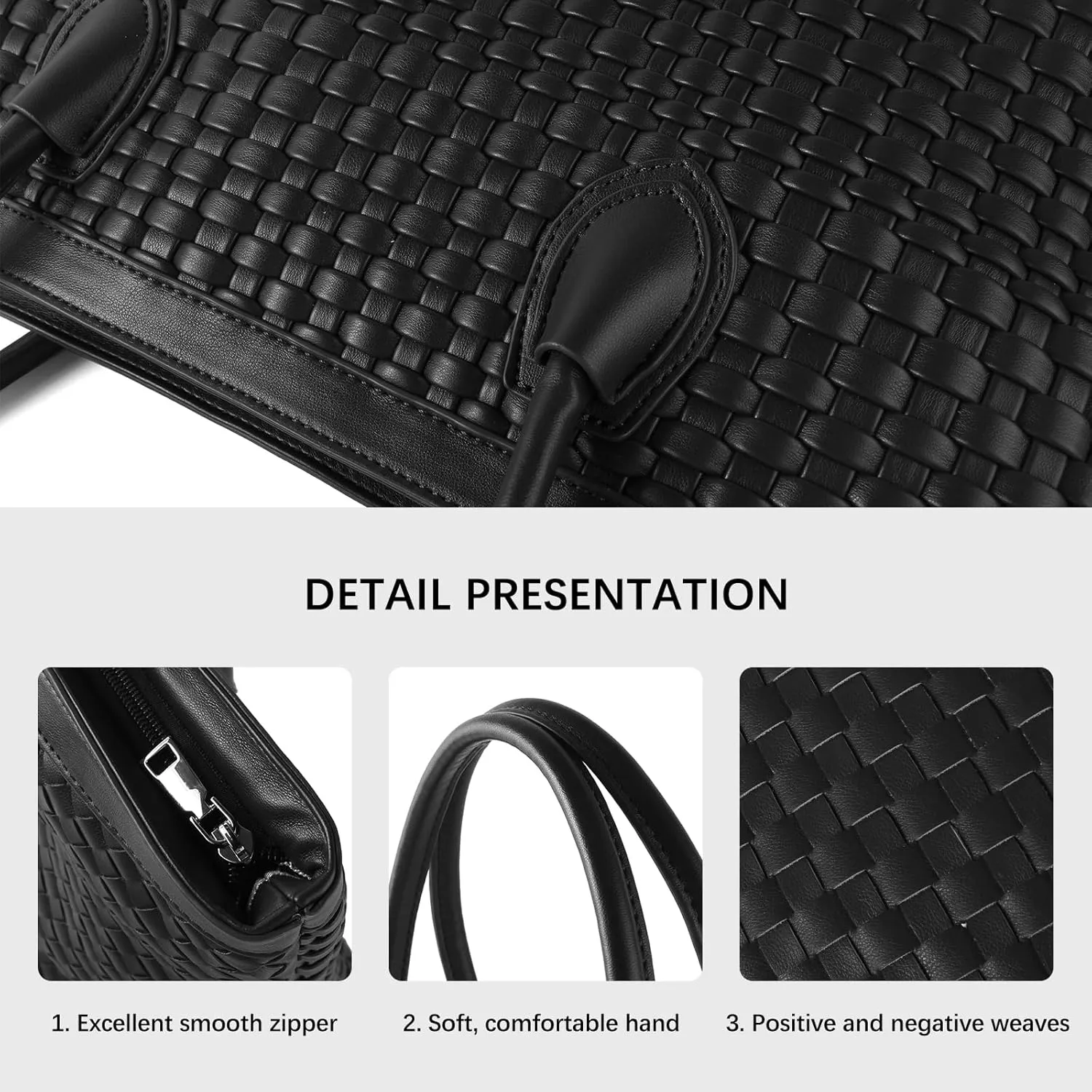 Woven Tote Bag For Women Hand Make Vegan Leather Shoulder Bag Handbag Zip Closure Beach Tote Travel Hand Bag