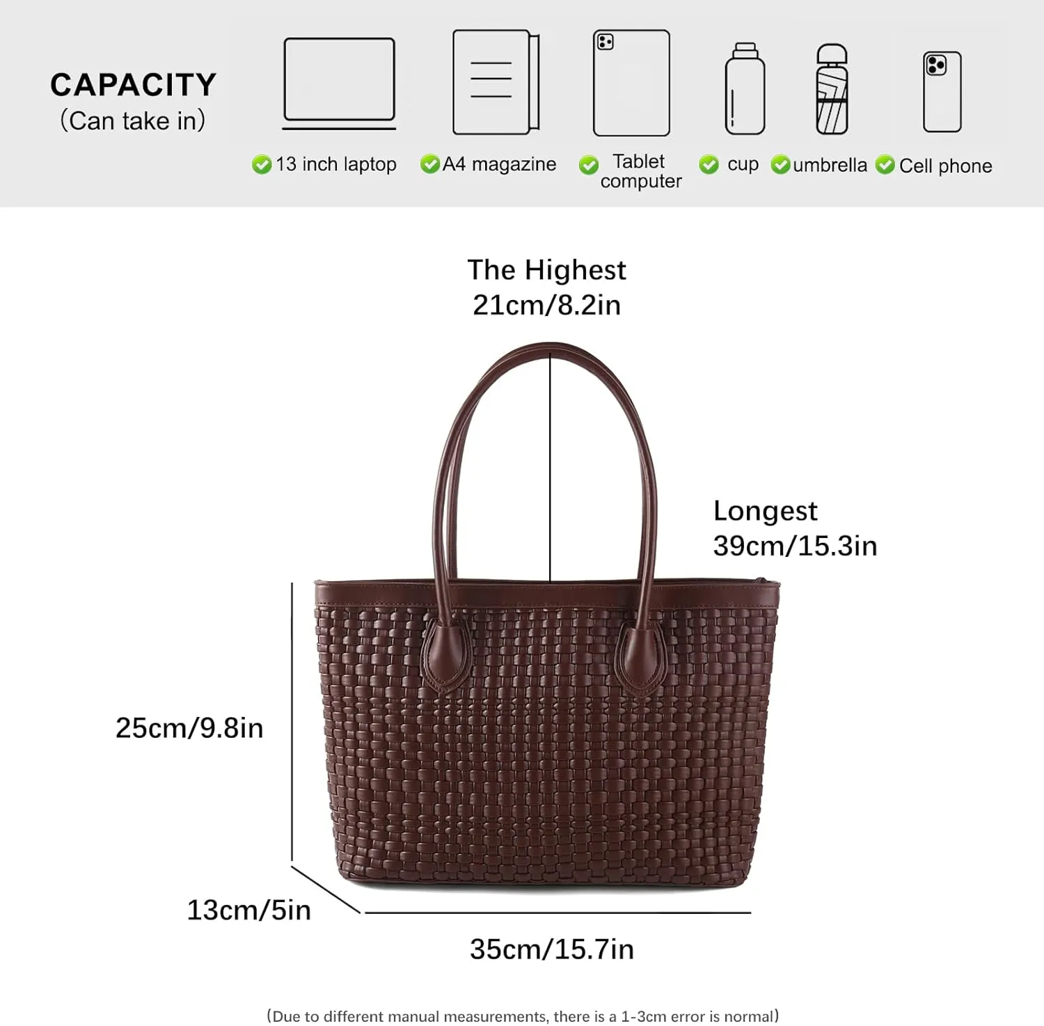 Woven Tote Bag For Women Hand Make Vegan Leather Shoulder Bag Handbag Zip Closure Beach Tote Travel Hand Bag