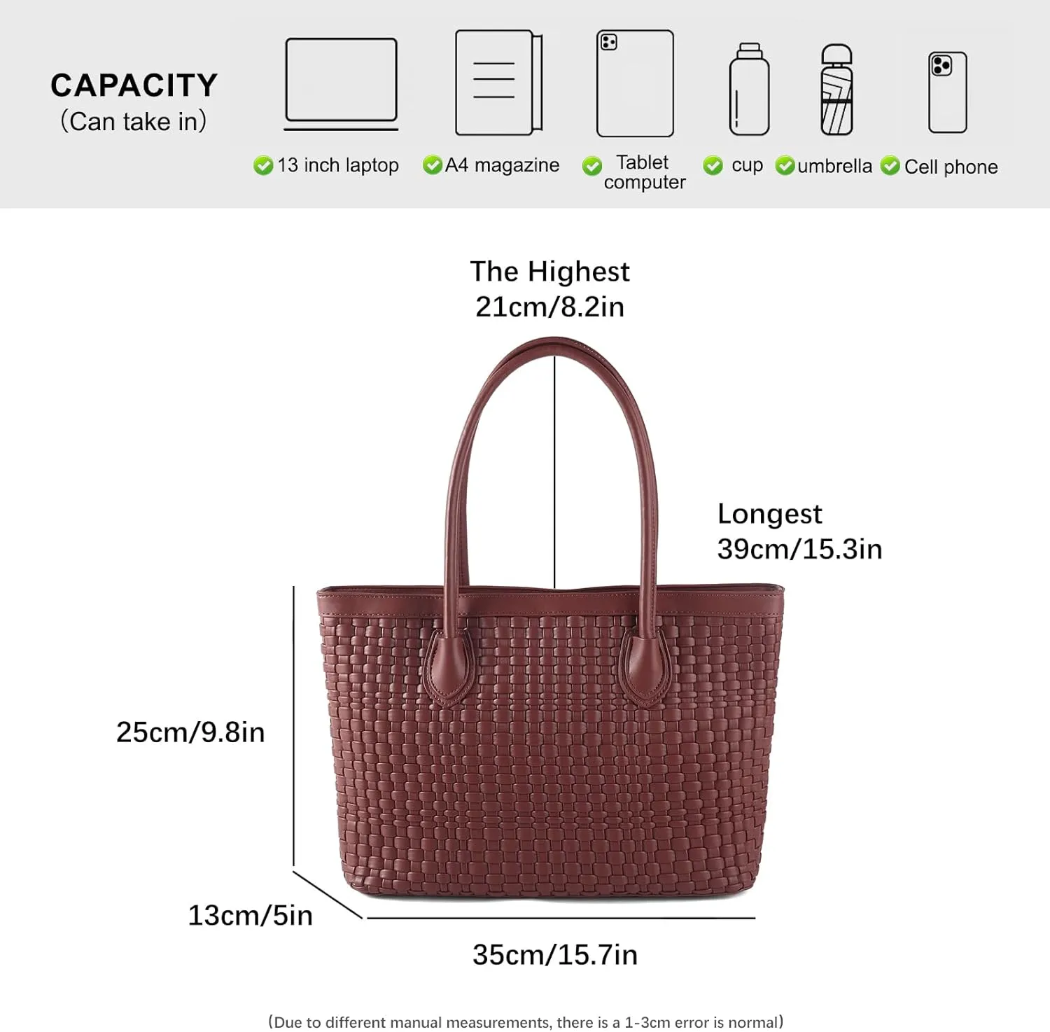 Woven Tote Bag For Women Hand Make Vegan Leather Shoulder Bag Handbag Zip Closure Beach Tote Travel Hand Bag