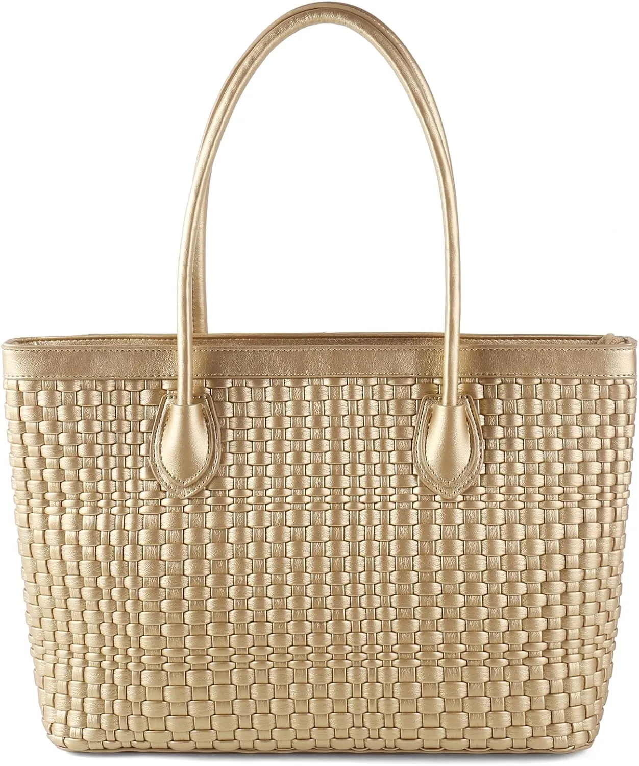 Woven Tote Bag For Women Hand Make Vegan Leather Shoulder Bag Handbag Zip Closure Beach Tote Travel Hand Bag
