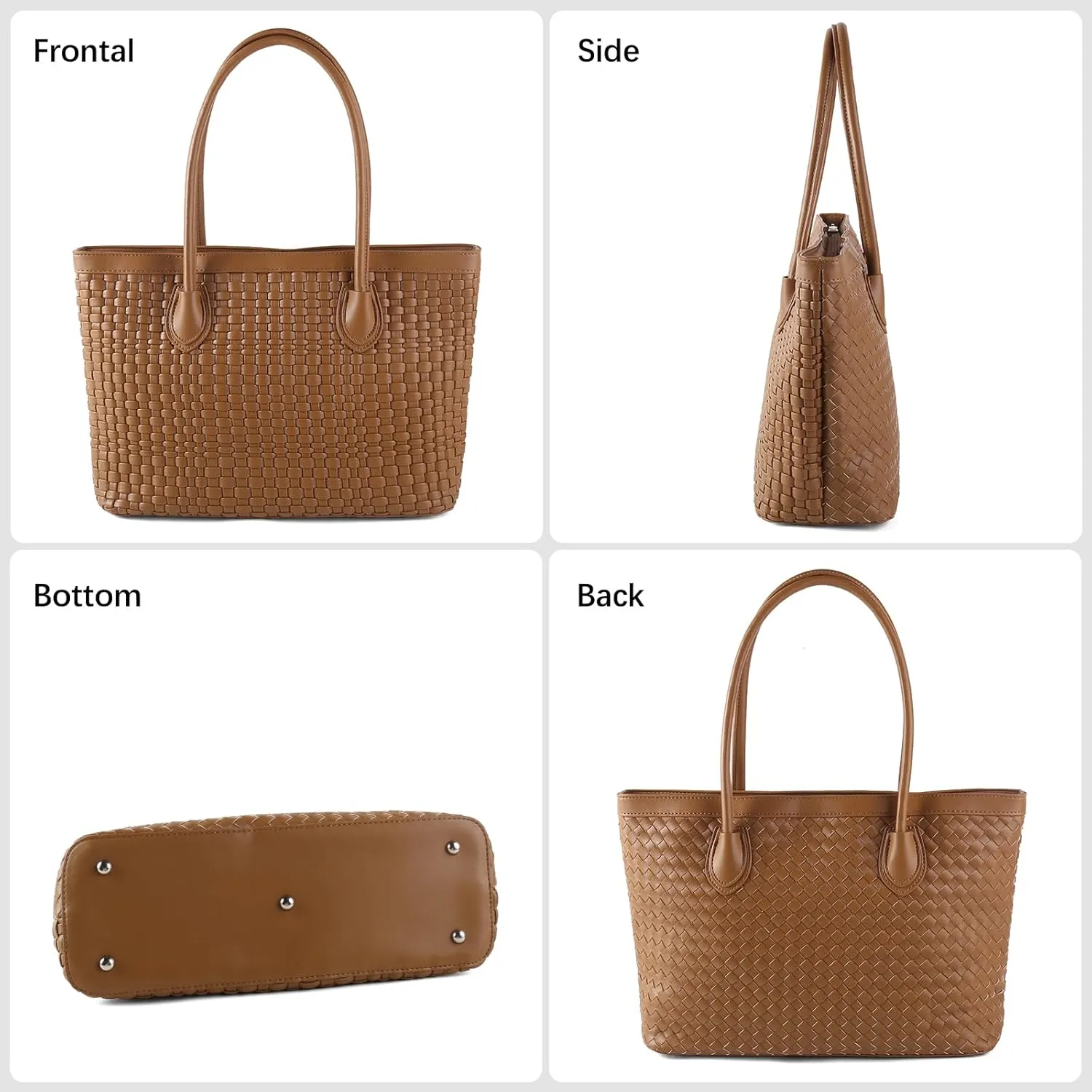 Woven Tote Bag For Women Hand Make Vegan Leather Shoulder Bag Handbag Zip Closure Beach Tote Travel Hand Bag