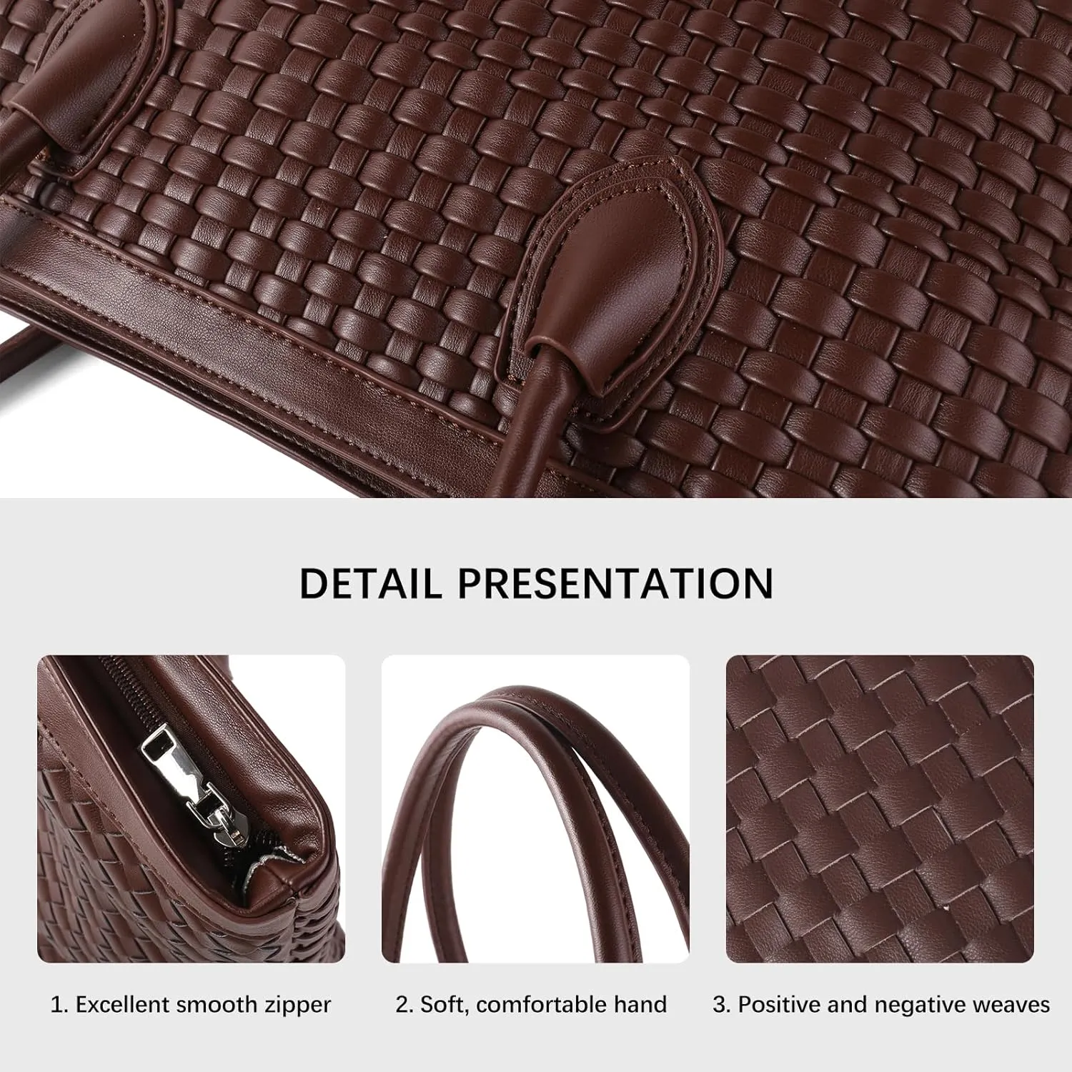Woven Tote Bag For Women Hand Make Vegan Leather Shoulder Bag Handbag Zip Closure Beach Tote Travel Hand Bag