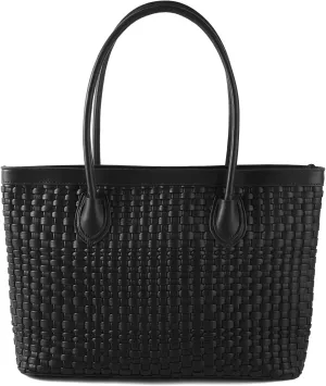 Woven Tote Bag For Women Hand Make Vegan Leather Shoulder Bag Handbag Zip Closure Beach Tote Travel Hand Bag