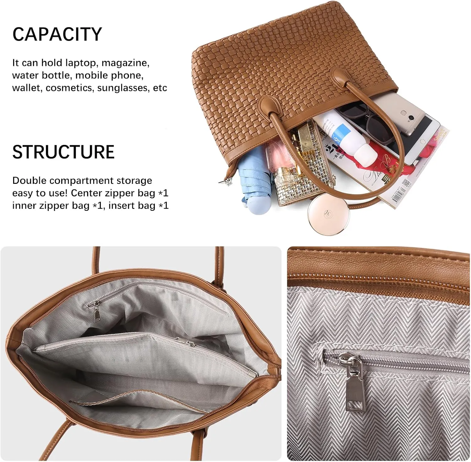 Woven Tote Bag For Women Hand Make Vegan Leather Shoulder Bag Handbag Zip Closure Beach Tote Travel Hand Bag