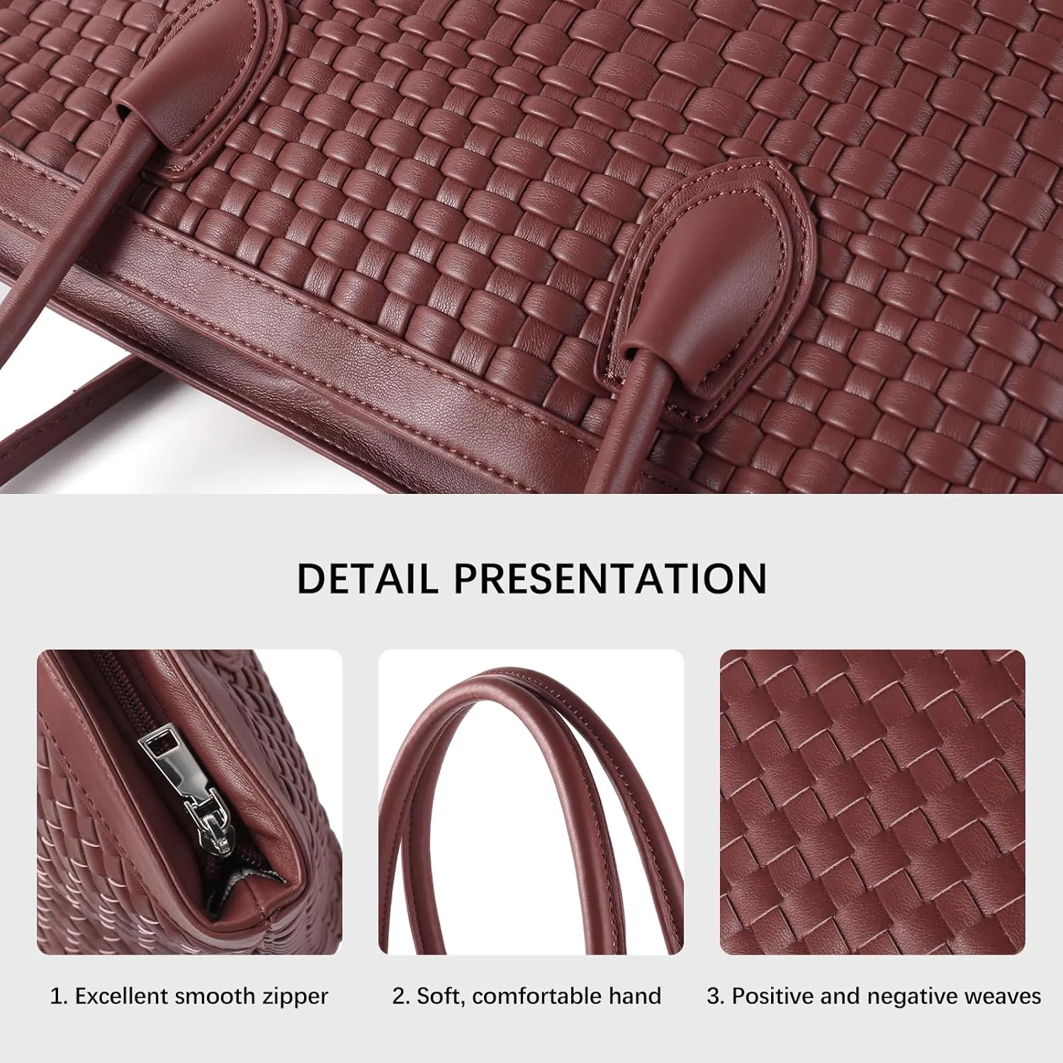 Woven Tote Bag For Women Hand Make Vegan Leather Shoulder Bag Handbag Zip Closure Beach Tote Travel Hand Bag