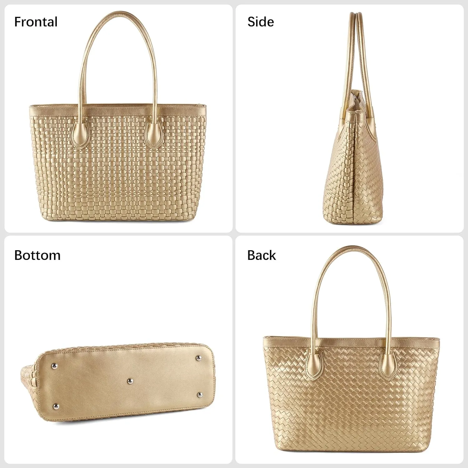 Woven Tote Bag For Women Hand Make Vegan Leather Shoulder Bag Handbag Zip Closure Beach Tote Travel Hand Bag