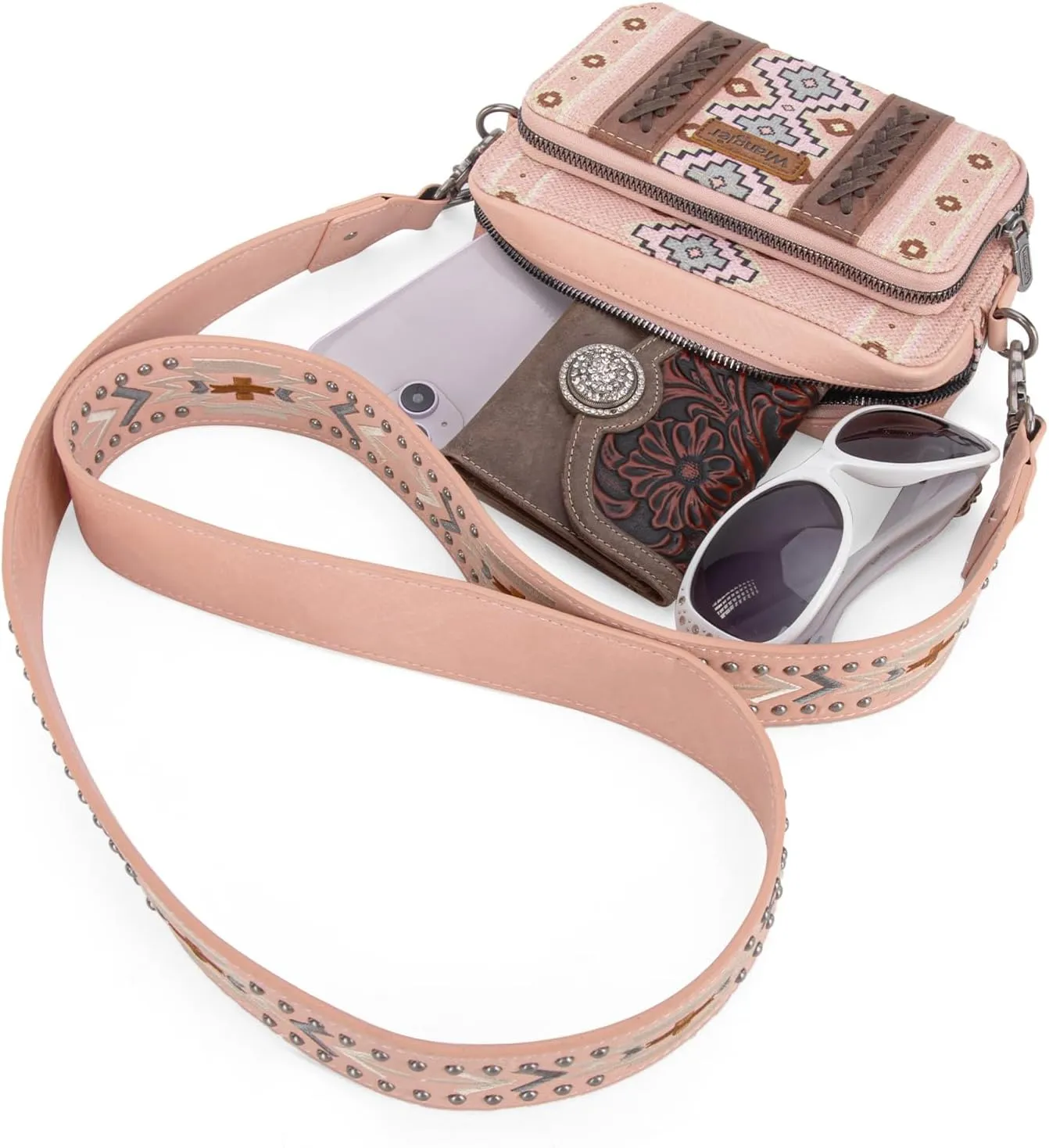 Wrangler Crossbody Bag for Women Boho Aztec Small Multi Pocket Crossover Purse