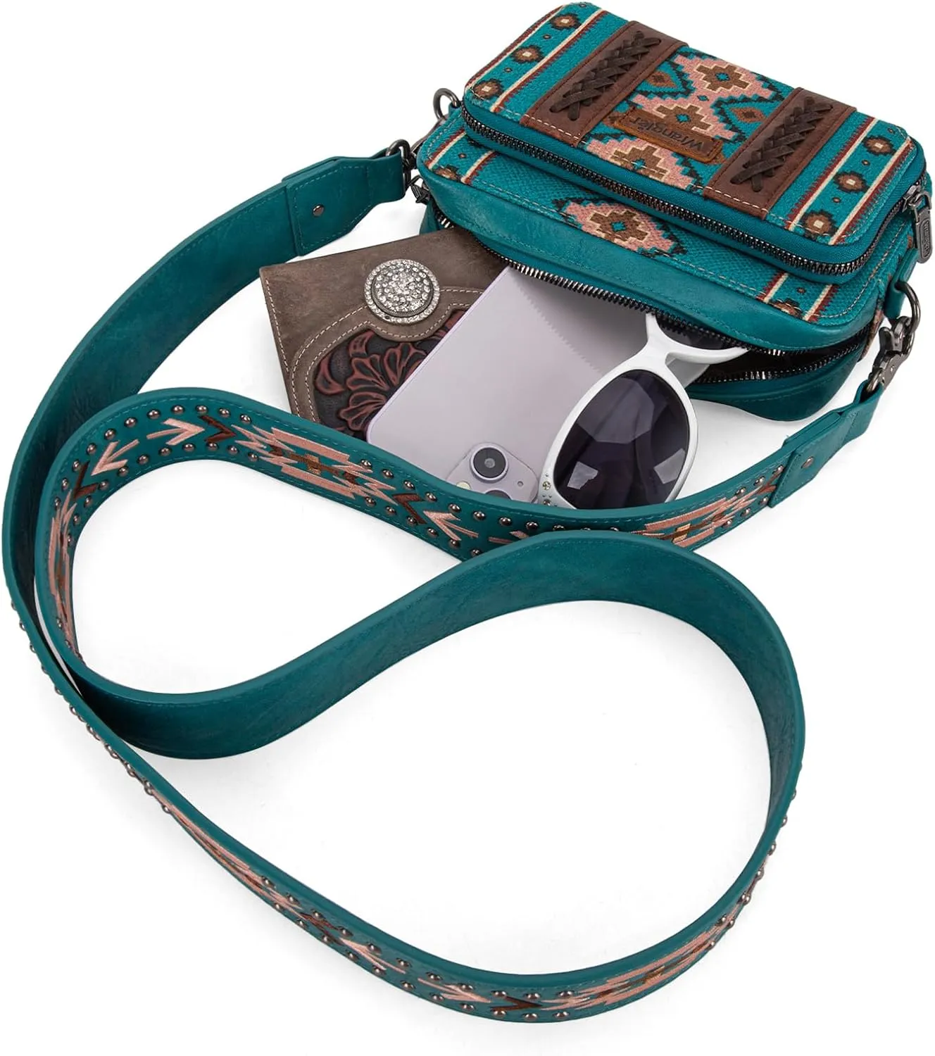 Wrangler Crossbody Bag for Women Boho Aztec Small Multi Pocket Crossover Purse