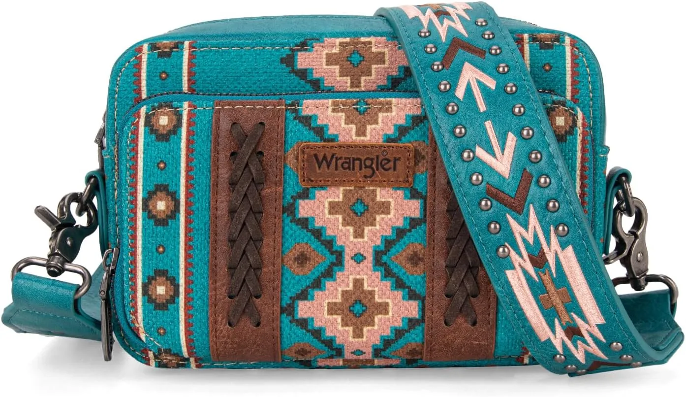 Wrangler Crossbody Bag for Women Boho Aztec Small Multi Pocket Crossover Purse