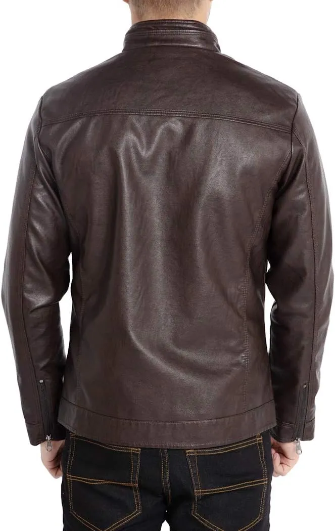 WULFUL Men's Stand Collar Leather Jacket Motorcycle Lightweight Faux Leather Outwear
