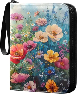 xigua Colorful Herbal Wildflower Card Binder 4-Pockets, Trading Card Binder 400 Pockets Baseball Card Binder Waterproof PU Leather Card Collection Binder for Games Card Album Card