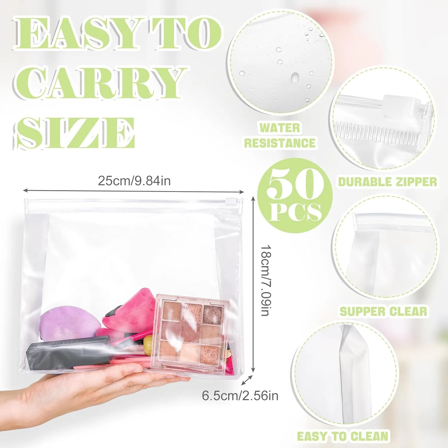 Xuniea 50 Pieces Mini Clear Makeup Bag Small Clear Zipper Pouch Travel Bag for Toiletries Plastic Cosmetic Organizer Waterproof for Women Men Vacation(9.84 x 7.09 x 2.56 in,Transparent)