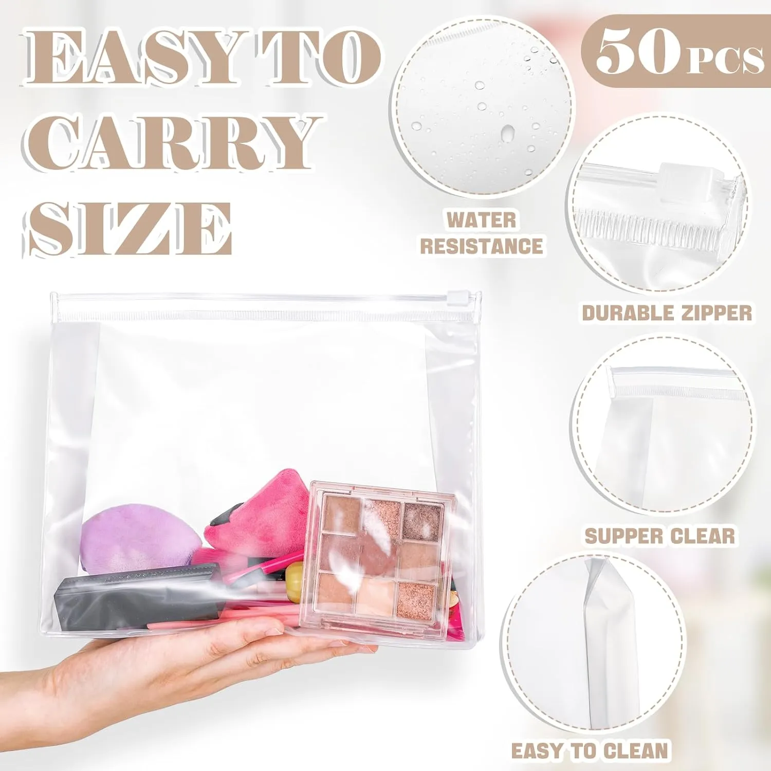 Xuniea 50 Pieces Mini Clear Makeup Bag Small Clear Zipper Pouch Travel Bag for Toiletries Plastic Cosmetic Organizer Waterproof for Women Men Vacation(9.8'',7.9'',5.9'',Transparent)