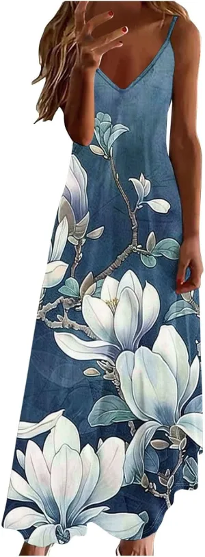 XUNRYAN 2025 Summer Dresses for Women Vacation Floral Dress Spaghetti Strap V-Neck Maxi Dress Casual Sundress Beach Outfit