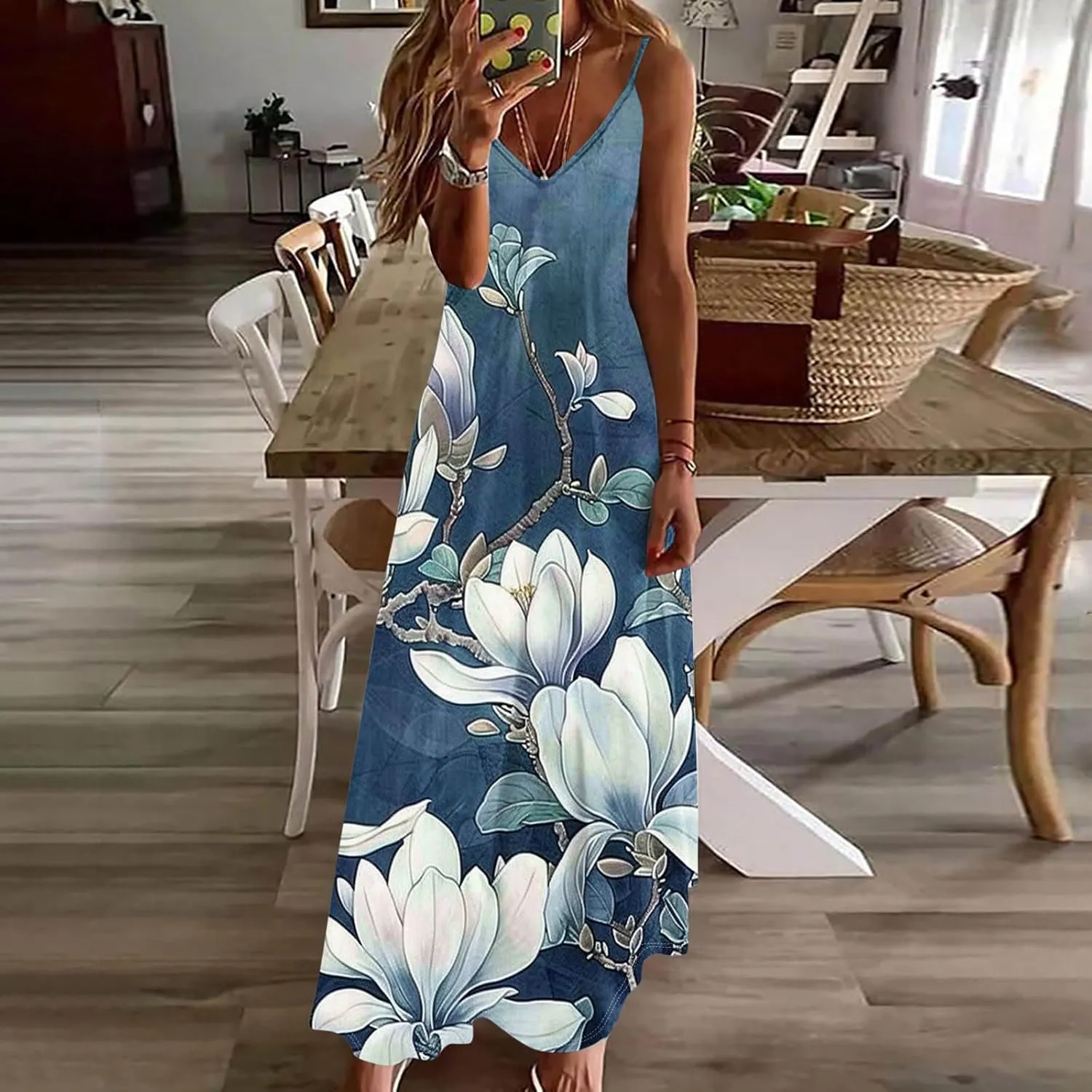 XUNRYAN 2025 Summer Dresses for Women Vacation Floral Dress Spaghetti Strap V-Neck Maxi Dress Casual Sundress Beach Outfit