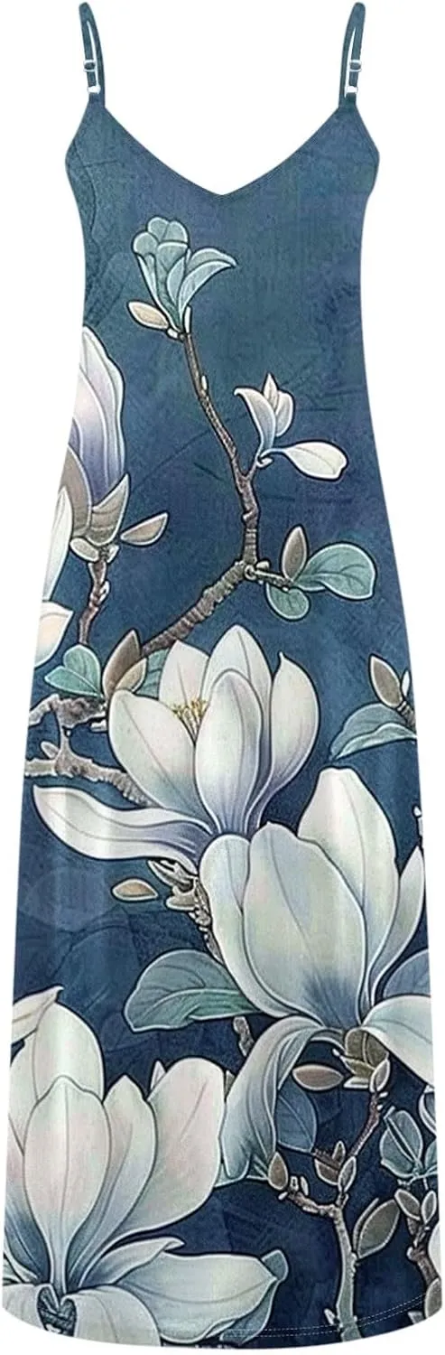 XUNRYAN 2025 Summer Dresses for Women Vacation Floral Dress Spaghetti Strap V-Neck Maxi Dress Casual Sundress Beach Outfit