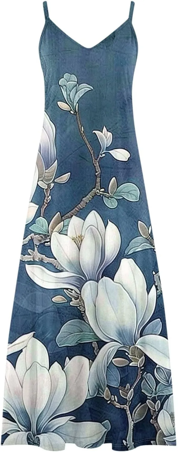 XUNRYAN 2025 Summer Dresses for Women Vacation Floral Dress Spaghetti Strap V-Neck Maxi Dress Casual Sundress Beach Outfit
