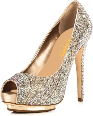 XYD Women Plated Platform High Heels Pumps Peep Toe Fancy Crystals Rhinestones Stilettos Gorgeous Evening Shoes