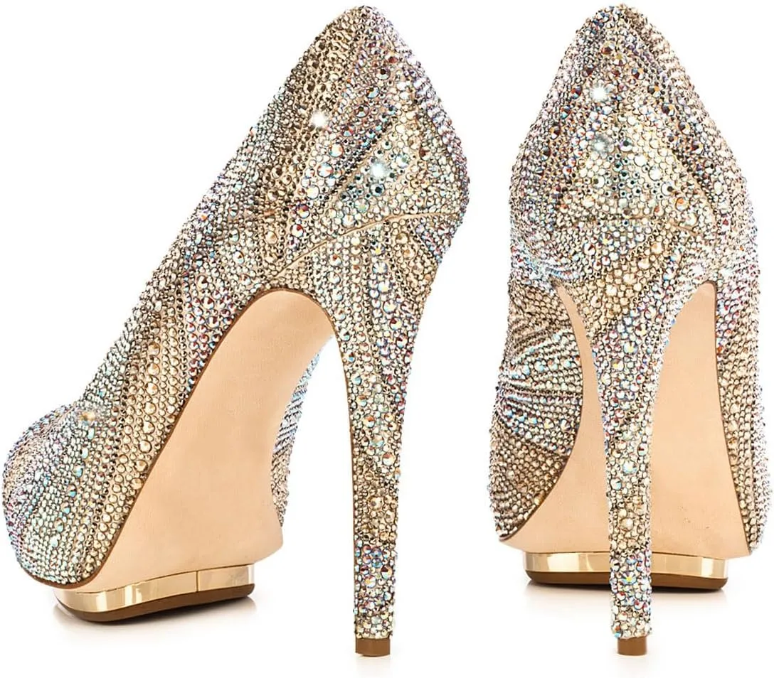 XYD Women Plated Platform High Heels Pumps Peep Toe Fancy Crystals Rhinestones Stilettos Gorgeous Evening Shoes