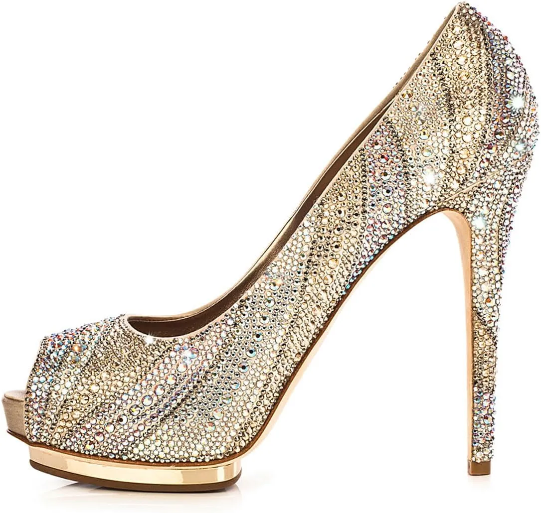 XYD Women Plated Platform High Heels Pumps Peep Toe Fancy Crystals Rhinestones Stilettos Gorgeous Evening Shoes