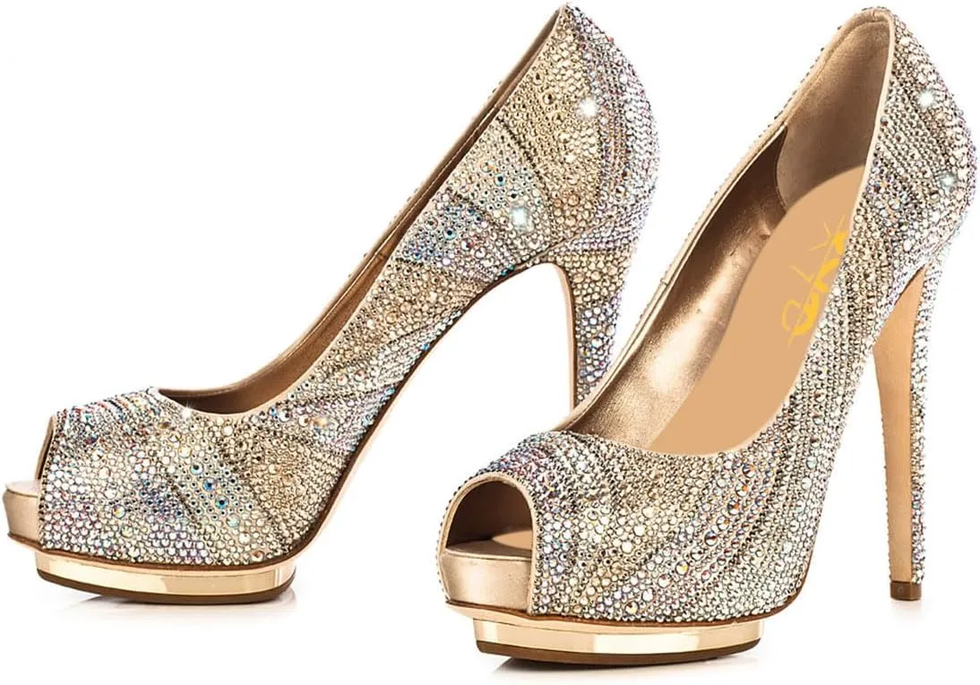 XYD Women Plated Platform High Heels Pumps Peep Toe Fancy Crystals Rhinestones Stilettos Gorgeous Evening Shoes