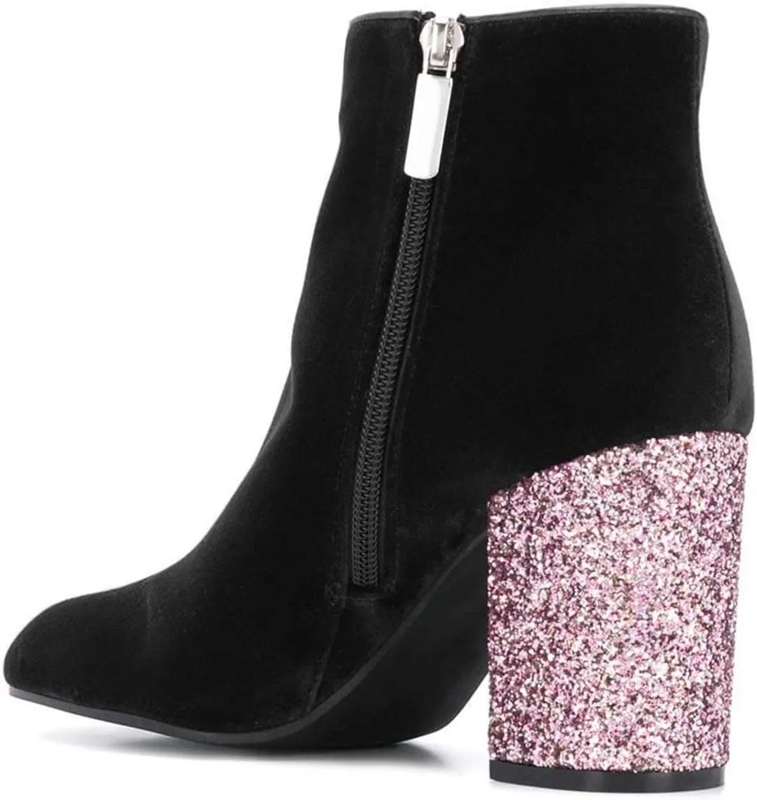 XYD Women Round Toe Glitter Chunky High Heels Party Dress Booties Velvet Winter Ankle Boots