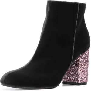XYD Women Round Toe Glitter Chunky High Heels Party Dress Booties Velvet Winter Ankle Boots